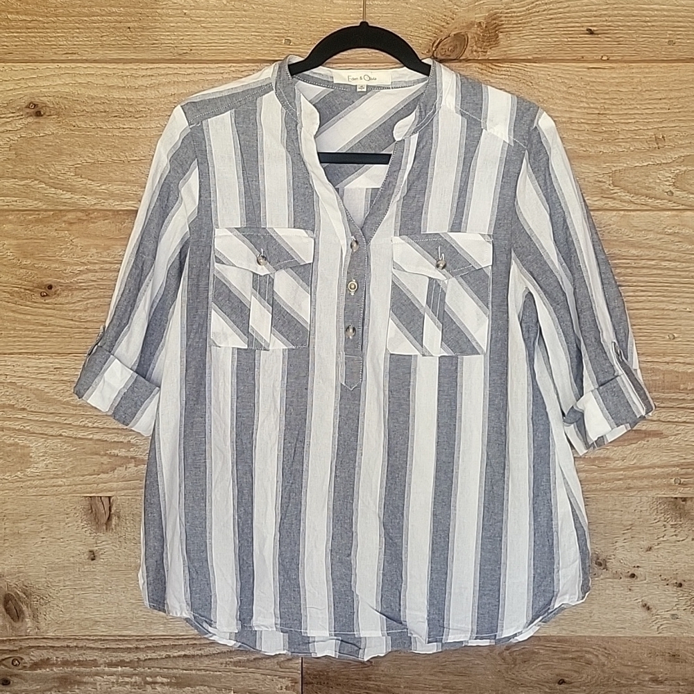 Eden and Olivia Blue and White Striped Henley Size Medium